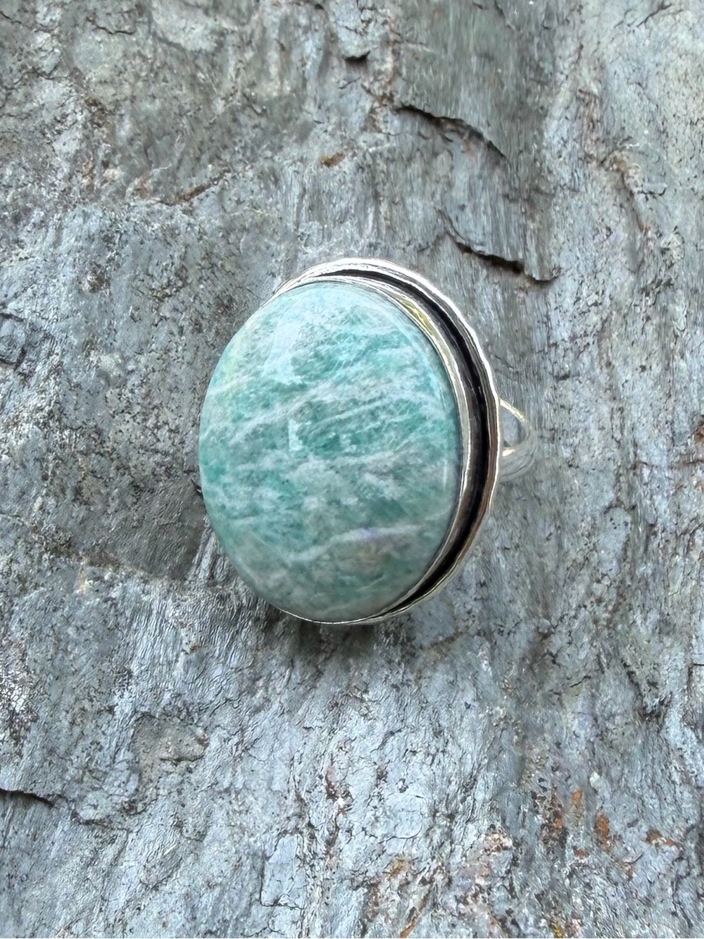 Genuine Amazonite Large Round Silver Statement Ring